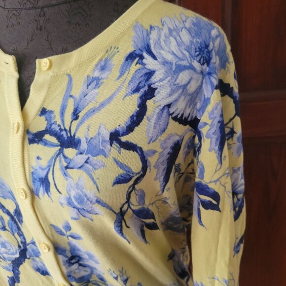 Talbots Womens Floral & Bird Print Cardigan Yellow & Blue Size S - Picture 3 of 7